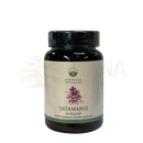Dunkelbernsteiner glasflasche mit schwarzem verschluss und cremeetikett mit rosa blumen illustration etikettiert jatamansi kapseln 500 mg von ayurveda spezialist zur natürlichen beruhigung aus ayurveda