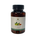 A braune glasflasche mit schwarzem verschluss liv-shakti von ayurveda specialist für leber und lebensenergie mit 66 vegakapseln