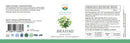 Ein flaches Layout eines Brahmi-Nahrungsergänzungsmittel-Etiketts von Ayurveda Specialist mit Produktdetails und Zertifizierungen.