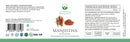 Ein flaches Layout eines Manjistha-Nahrungsergänzungsmittel-Etiketts von Ayurveda Specialist mit Produktdaten und Zertifizierungen.