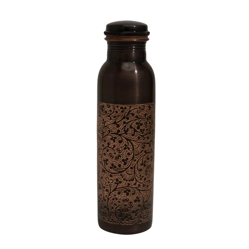 Reine Kupferwasserflasche von Ayurveda Specialist B.V. mit antiker Gravur, ca. 950 ml, schwere Ausführung, handgefertigt.
