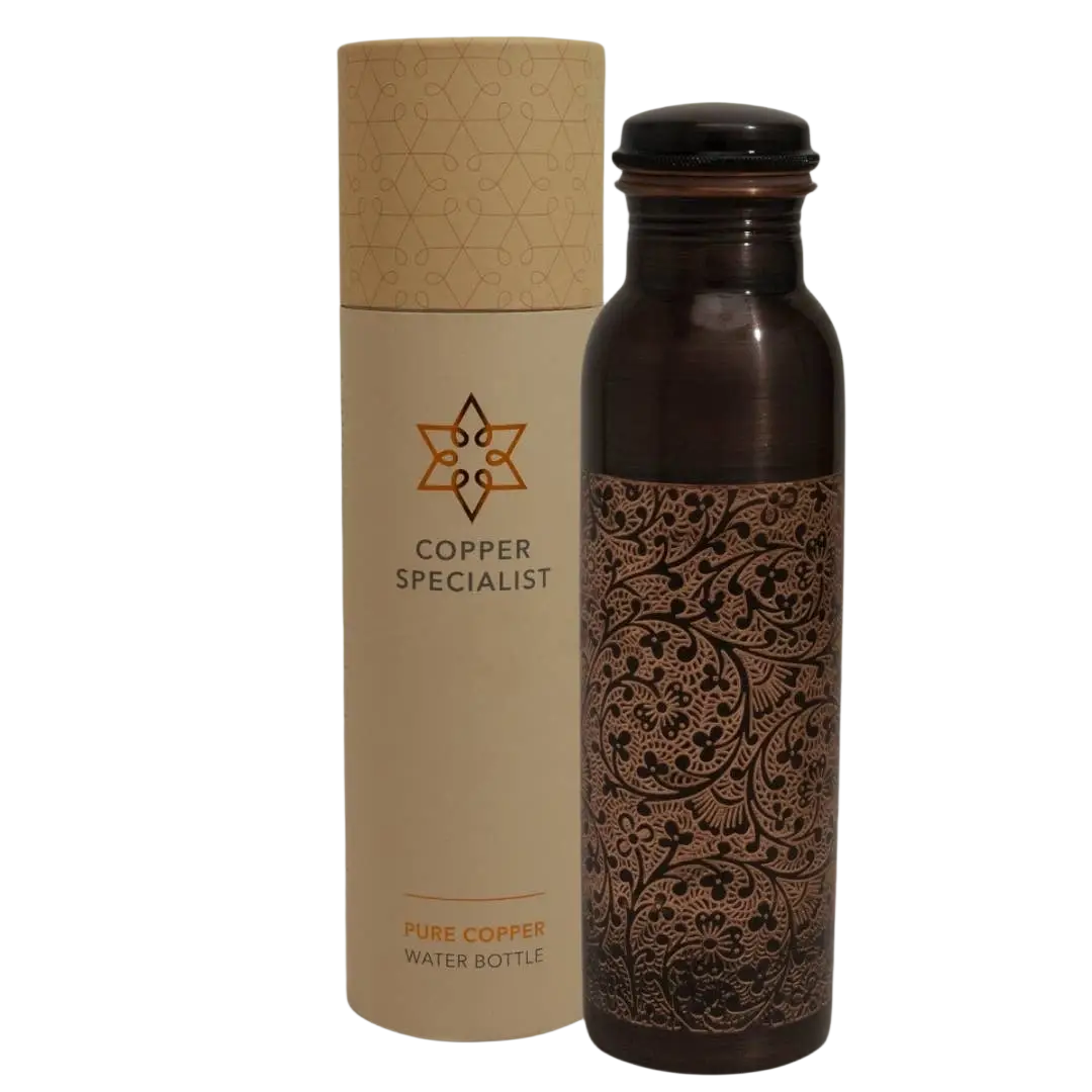 Antike gravierte Kupferwasserflasche von Ayurveda Specialist B.V., 950 ml, schwere Ausführung, traditionelle Wasserflasche aus Kupfer