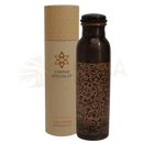 Dunkelbraune kupferwasserflasche antik mit handgravur und schwerlast-design von ayurveda spezialist mit schwarzem deckel