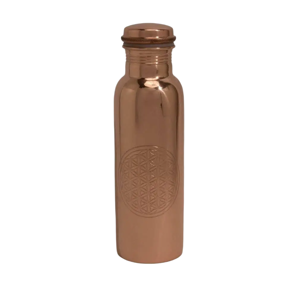 Reine Kupferwasserflasche mit Blume des Lebens, Ayurveda Specialist B.V., 750 ml, glatte schwere Kupferflasche für Wasser.