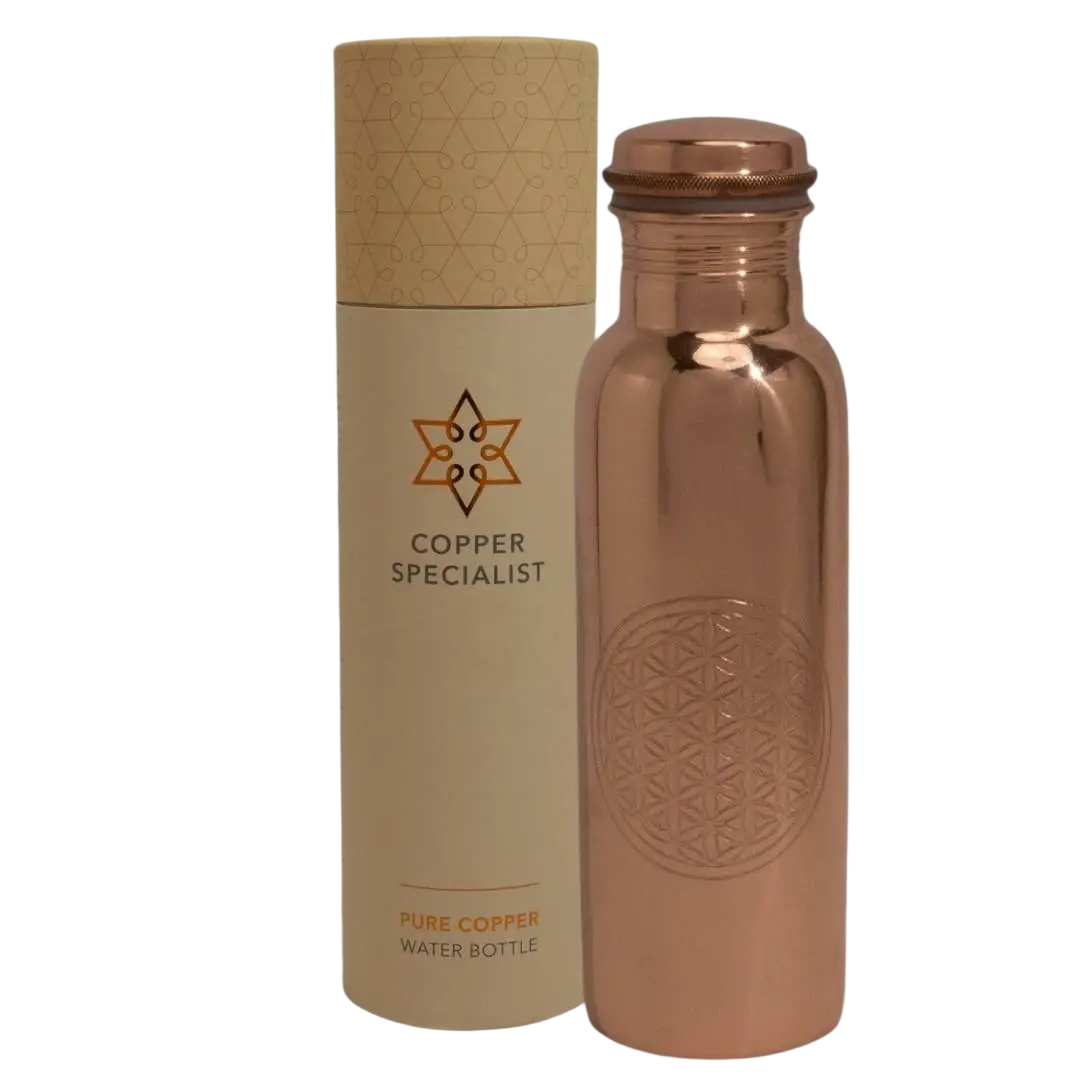 Reine Kupferwasserflasche mit Blume des Lebens Muster, ca. 750 ml, Ayurveda Specialist B.V., schwere Ausführung