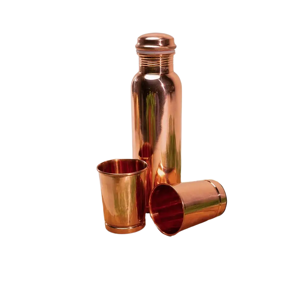 Reines Kupfer-Set mit Wasserflasche und 2 Bechern von Ayurveda Specialist B.V., glatt, ca. 950 ml, traditionelles Kupferdesign