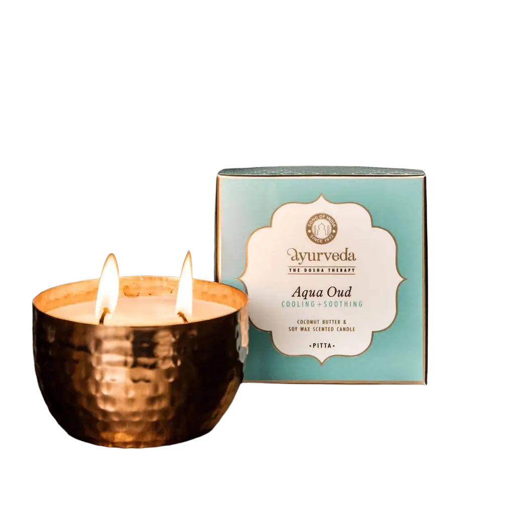 Ayurveda Specialist B.V. Song of India Pitta Aqua Oud Duftkerze mit 2 Dochten in Glas, aromatische Kerze für angenehmen Duft.