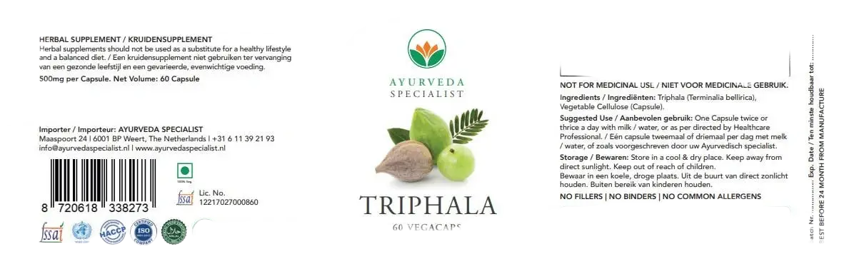 Ayurveda Specialist B.V. Triphala 500 mg Kapseln, traditionelle ayurvedische Drei-Früchte-Formel für Verdauung und Immunität