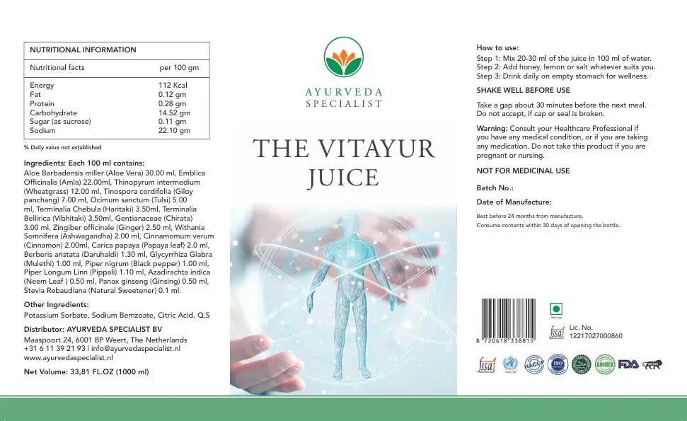 Ayurveda Specialist B.V. Vitayur Saft 500 ml, natürlicher Immunabwehr- und Verdauungssirup in Flasche, gesund & wohltuend