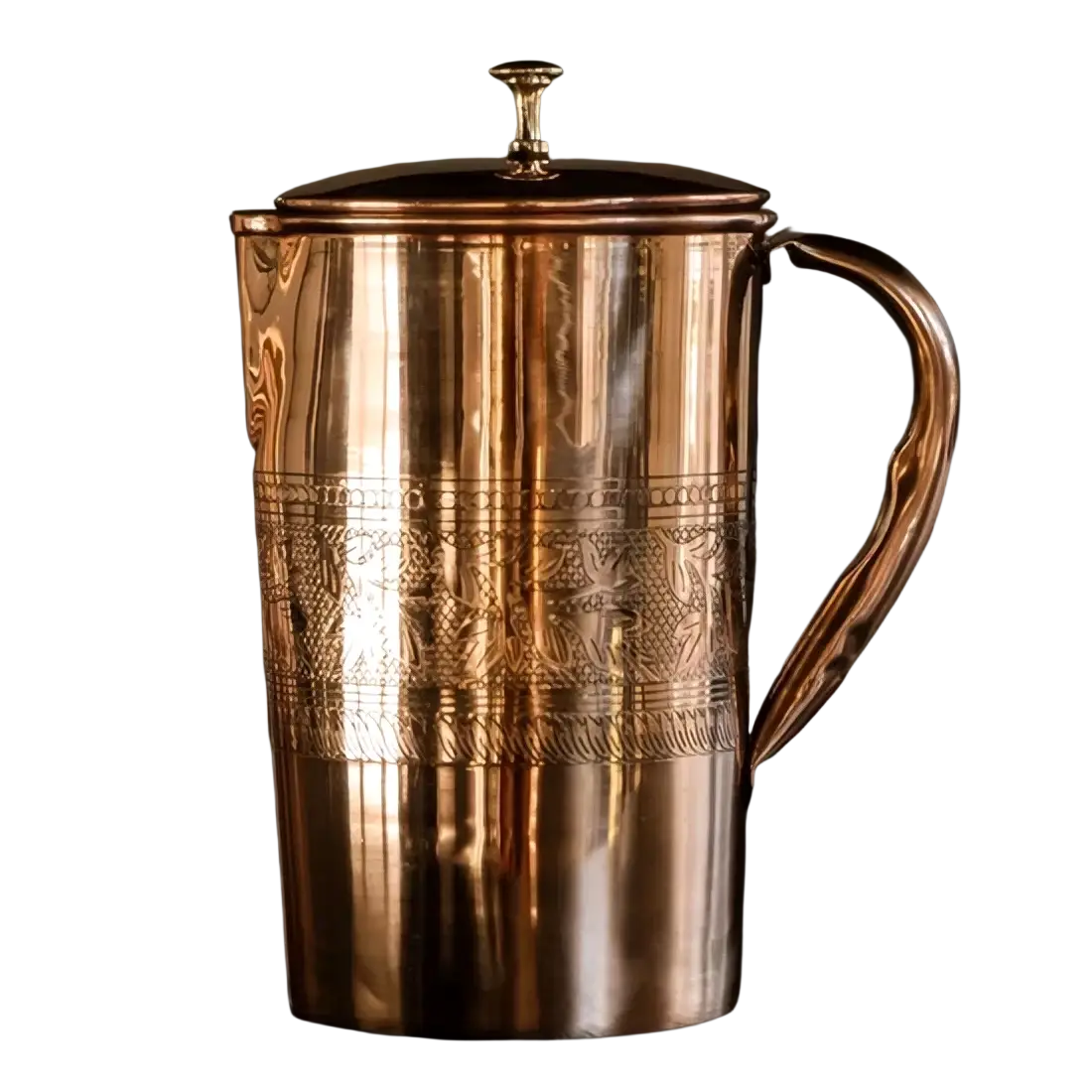 Reine Kupferkaraffe mit Blumenprägung und Griff, 1,5l, im Ayurveda-Stil, handgefertigt, dekorativ und funktional