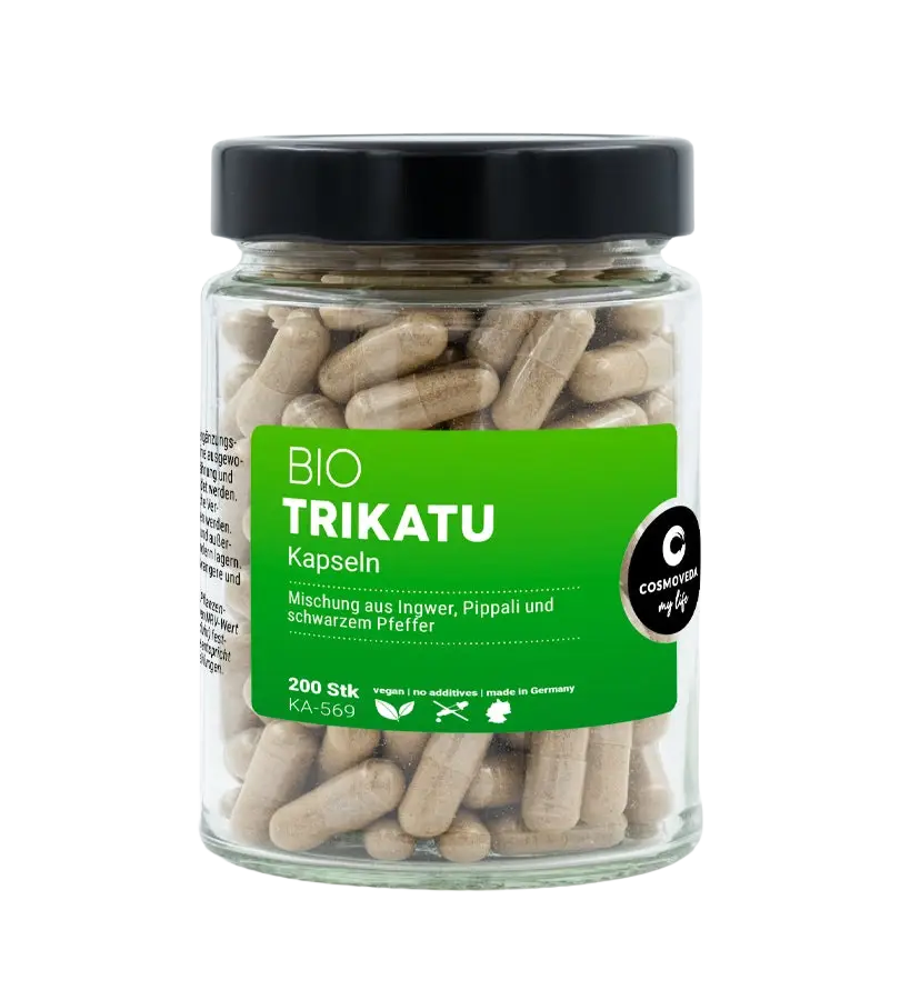 Ayurveda Trikatu Nahrungsergänzung, 200 Kapseln mit Ingwer, Pippali und schwarzem Pfeffer, von Cosmoveda