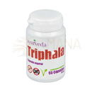 Weißes plastikfläschchen mit 60 ayurveda triphala kapseln, etikettiert in rot und lila, enthält kurroa wurzel