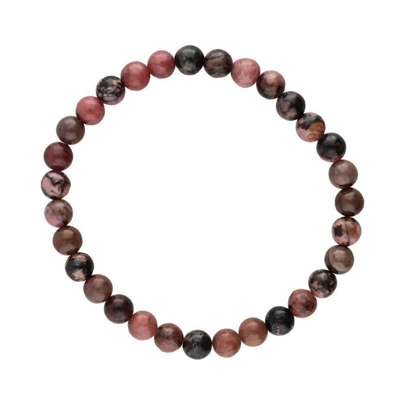 Elastisches Perlenarmband mit polierten, kleinen runden Rhodonit-Steinen in gesprenkelten Rosa-, Rosé- und Dunkelbraun-/Schwarz-Tönen.