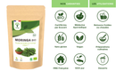 Bio-Moringa-Pulver mit Schwerpunkt auf Zertifizierungen, Anwendungen und gesundheitlichen Vorteilen.