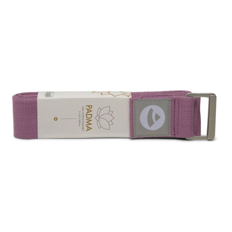 Pinker Padma Yogagurt aus 100% Baumwolle, 2,45 m lang, mit Metallschnalle und Produktetikett.