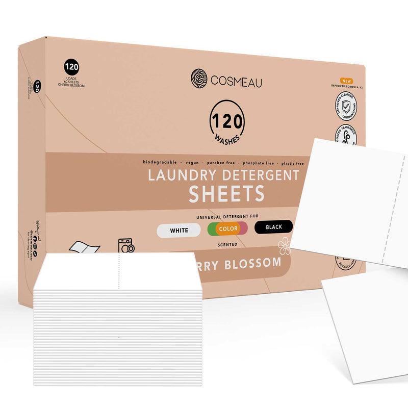 Verpackung für Cosmeau Waschmittelblätter, Duft "Cherry Blossom", 120 Wäschen, hervorhebend verbesserte Reinigung, verstärkten Duft und Eignung für weiße, Farb- und schwarze Wäsche.