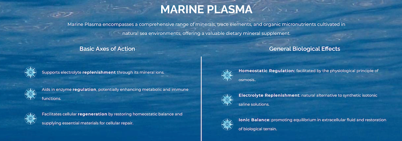Eine Infografik über Marine Plasma, die die „Grundlegenden Wirkungsachsen“ und „Allgemeine Biologische Effekte“ auf blauem, welligem Hintergrund auflistet.