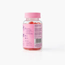 Rückansicht einer rosa Myga Collagen Gummies-Flasche mit Inhaltsstoffen und Verzehrempfehlung.