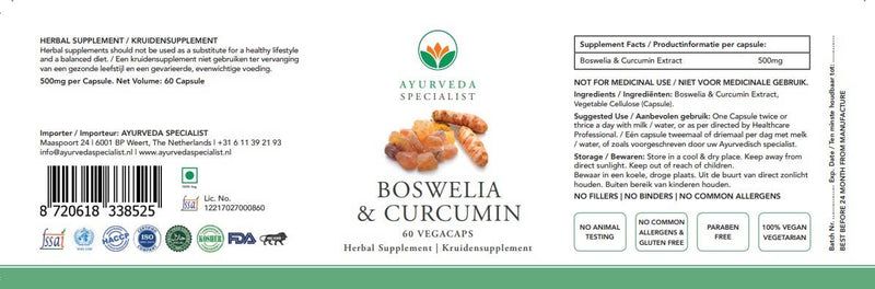 Ayurveda Specialist B.V. - Boswellia & Curcumin Kapseln – 500 mg hochdosiert für Gelenke, Herz & Zellschutz