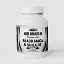 Eine weiße Flasche mit der Aufschrift "PURE SHILAJIT UK Himalayan extract BLACK MACA & SHILAJIT 500MG 60 KAPSELN NAHRUNGSERGÄNZUNGSMITTEL" mit Berg-Logo und schwarz-weißem Etikett.