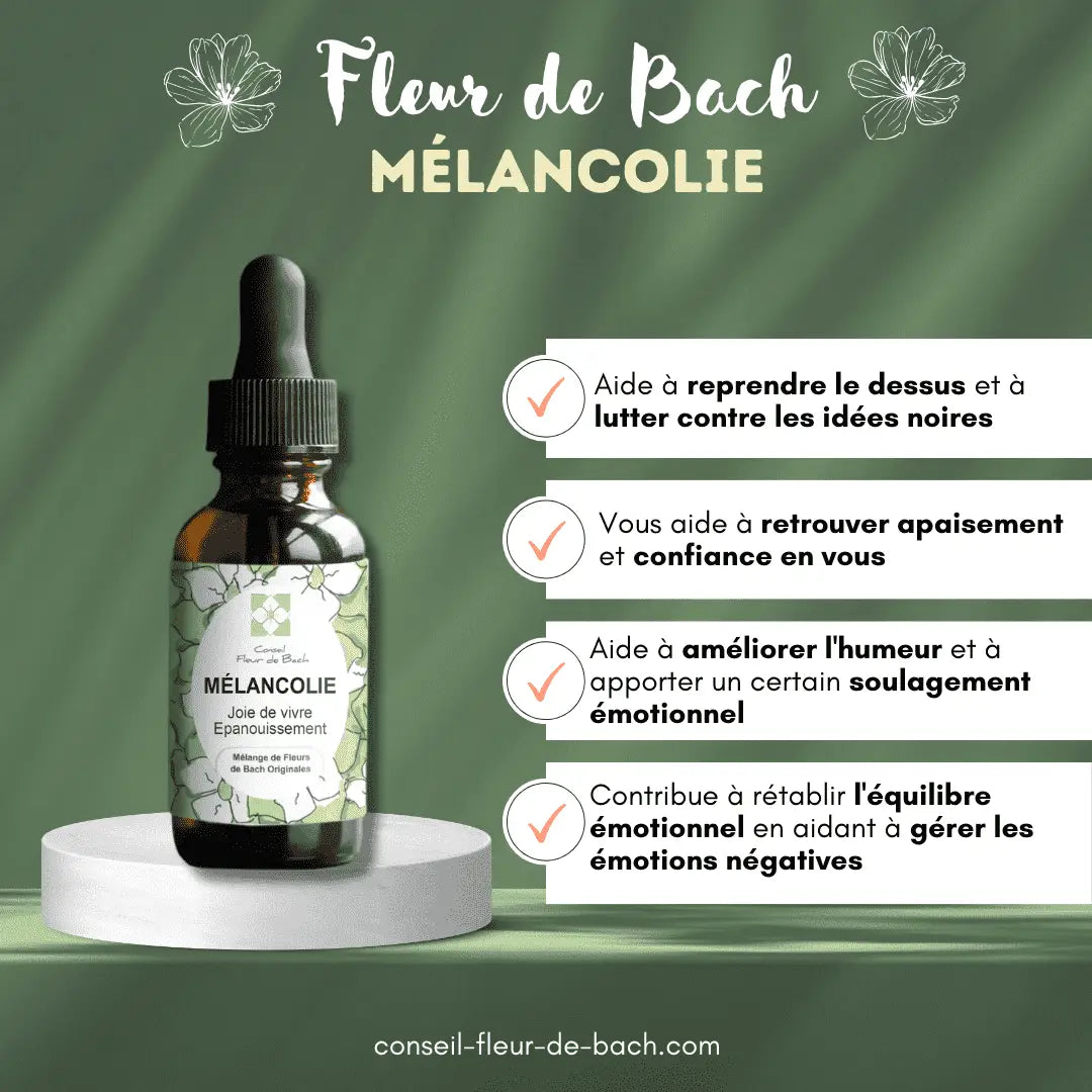 Nahrungsergänzung Bach-Blüten Melancholie von Conseil fleur de Bach, Flasche mit Blütenextrakten für mehr Lebensfreude und inneren Frieden