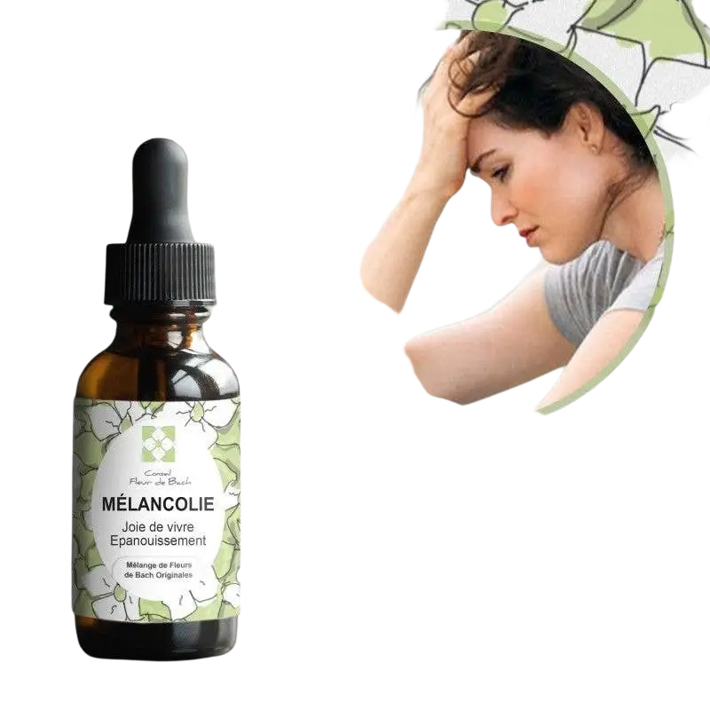 Nahrungsergänzung Bach-Blüten Melancholie von Conseil fleur de Bach für mehr Lebensfreude und inneren Frieden, Flasche mit Tropfen.