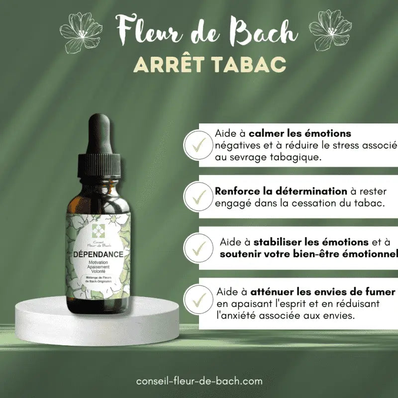 Bachblüten Abhängigkeit Nahrungsergänzung von Conseil fleur de Bach zur Befreiung von alten Gewohnheiten, rauchfrei, Flasche und Verpackung sichtbar