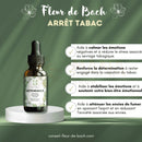Ein dunkles bernsteinfarbenes glasfläschchen mit schwarzem tropfverschluss und grünem blumenmuster für bach flower dependence zur befreiung von alten gewohnheiten und zum quit smoking