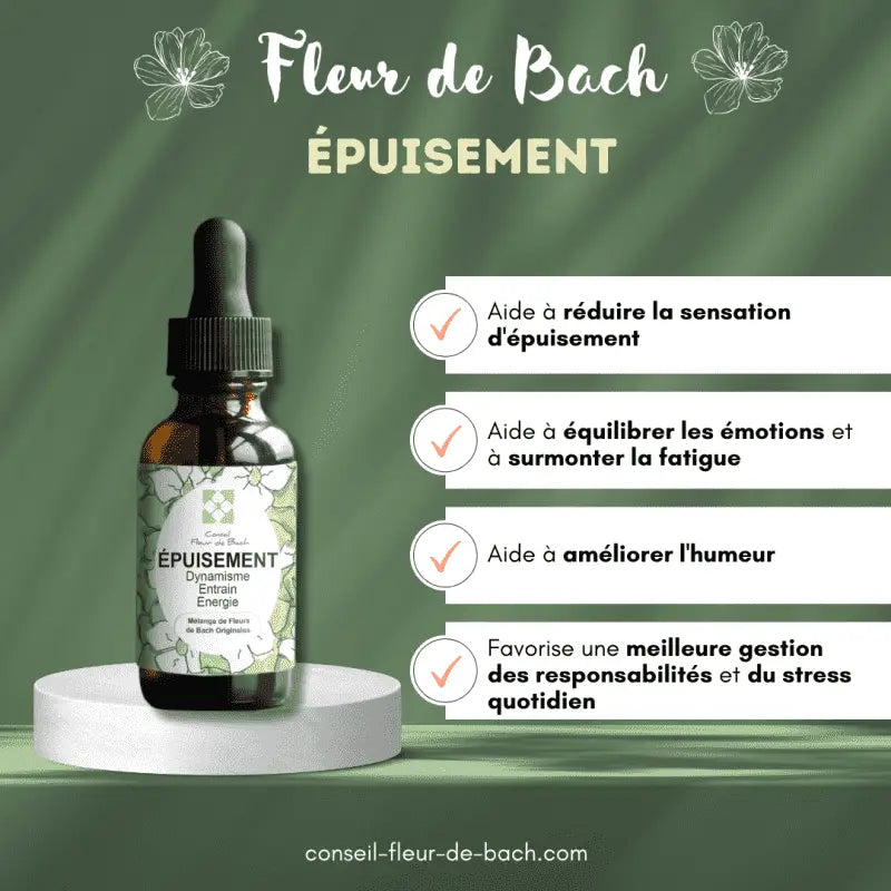 Bachblüten Erschöpfung Nahrungsergänzung von Conseil fleur de Bach, dunkelbernsteinfarbene Flasche mit Bachblüten-Produkt