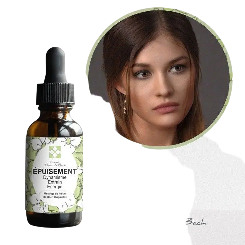 Bachblüten Erschöpfung Nahrungsergänzung von Conseil fleur de Bach, dunkelbernsteinfarbene Flasche mit Tropfen, natürliche Heilmittel