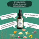 Braune glasflasche mit schwarzem tropfverschluss und weißem etikett mit grünen blumen designs perte de poids bach blumen natürliche unterstützung mana shop