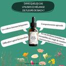 Bernsteinfarbenes glasfläschchen mit schwarzem tropfverschluss und weißem etikettschild bachblüte kind zur natürlichen hilfe bei ausbrüche von wut