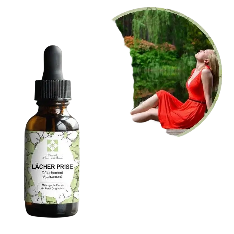 Bachblüten Loslassen von Conseil fleur de Bach, Nahrungsergänzungsmittel für mehr Ruhe und Gelassenheit, Flasche mit Inhalt.