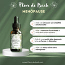 Dunkelbernsteinfarbene glasflasche mit schwarzem tropfverschluss und grünem blumenmuster für bachblüten menopause zur emotionalen stabilität bei hitzewallungen