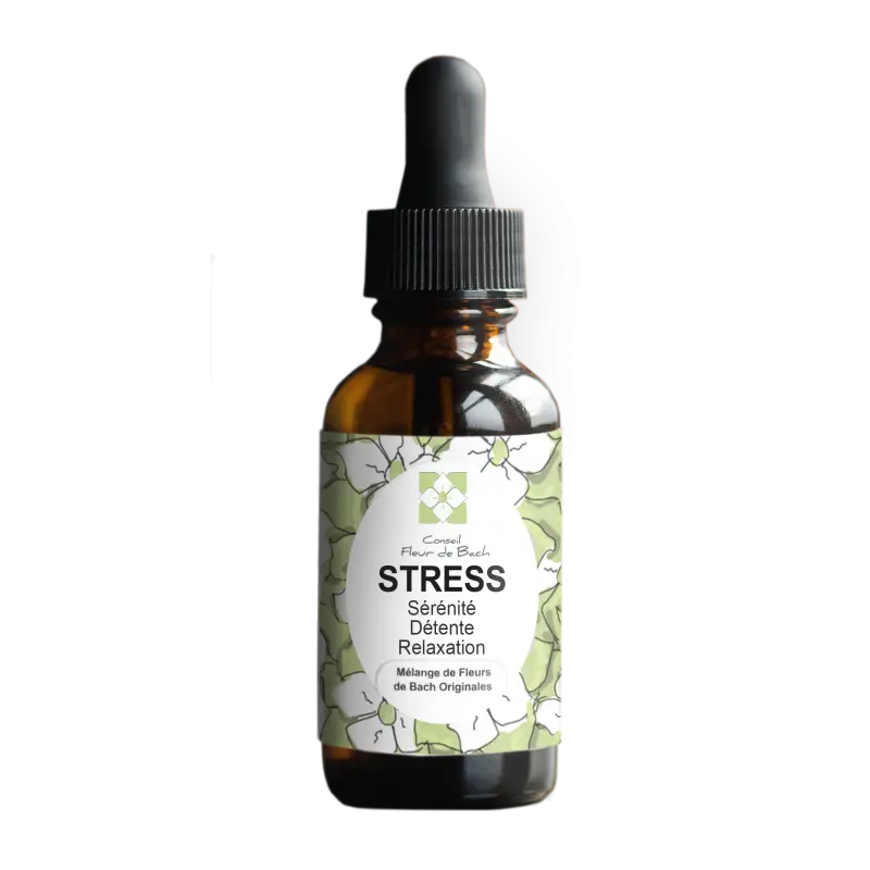 A braune glas-tropfflasche mit schwarzem deckel und weiße florale beschriftung labeled stress von bachblüten für innere unruhe im mana shop fleur de bach