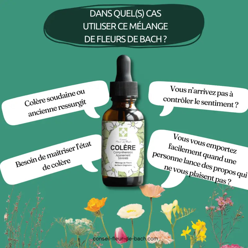 Bachblüten Wut Nahrungsergänzung von Conseil fleur de Bach, zeigt Flasche mit Blütenextrakt und beruhigendes Design