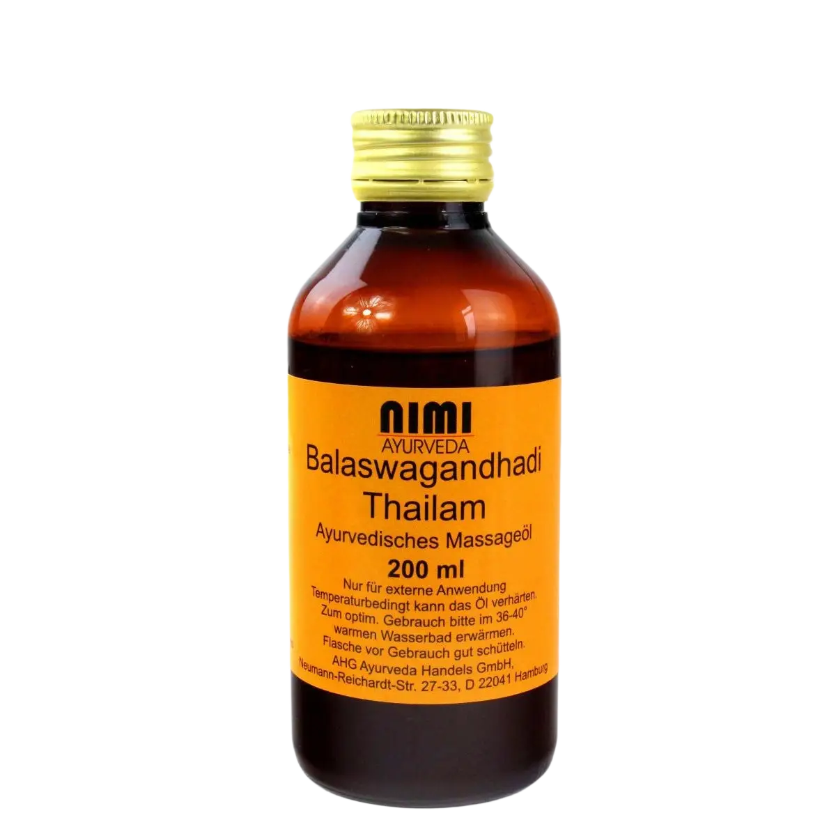 AHG Balaswagandhadi Thailam, regenerierendes Ayurveda-Massageöl mit natürlichen Zutaten, in dunkler Flasche, flüssige Textur