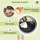 White mesh laundry bag im waschmaschinentrommel mit bamboozy x cosmeau wild forest umweltfreundlichen wäschetüchern