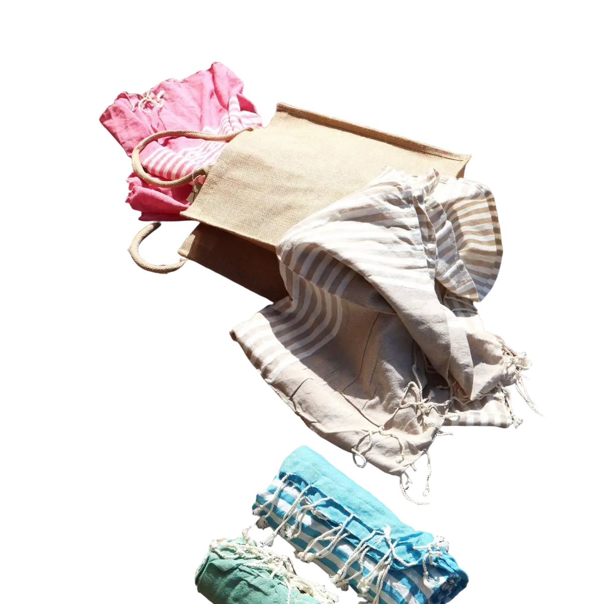Grüner Baumwoll-Sarong Lunghi 100x180 cm mit beigefarbener Jutetasche und geflochtenen Details, von AW Artisan