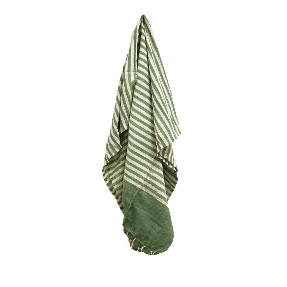 Weicher grüner Baumwoll-Sarong von AW Artisan, 100x180 cm, mit olivgrünen und weißen Mustern, als Lunghi getragen