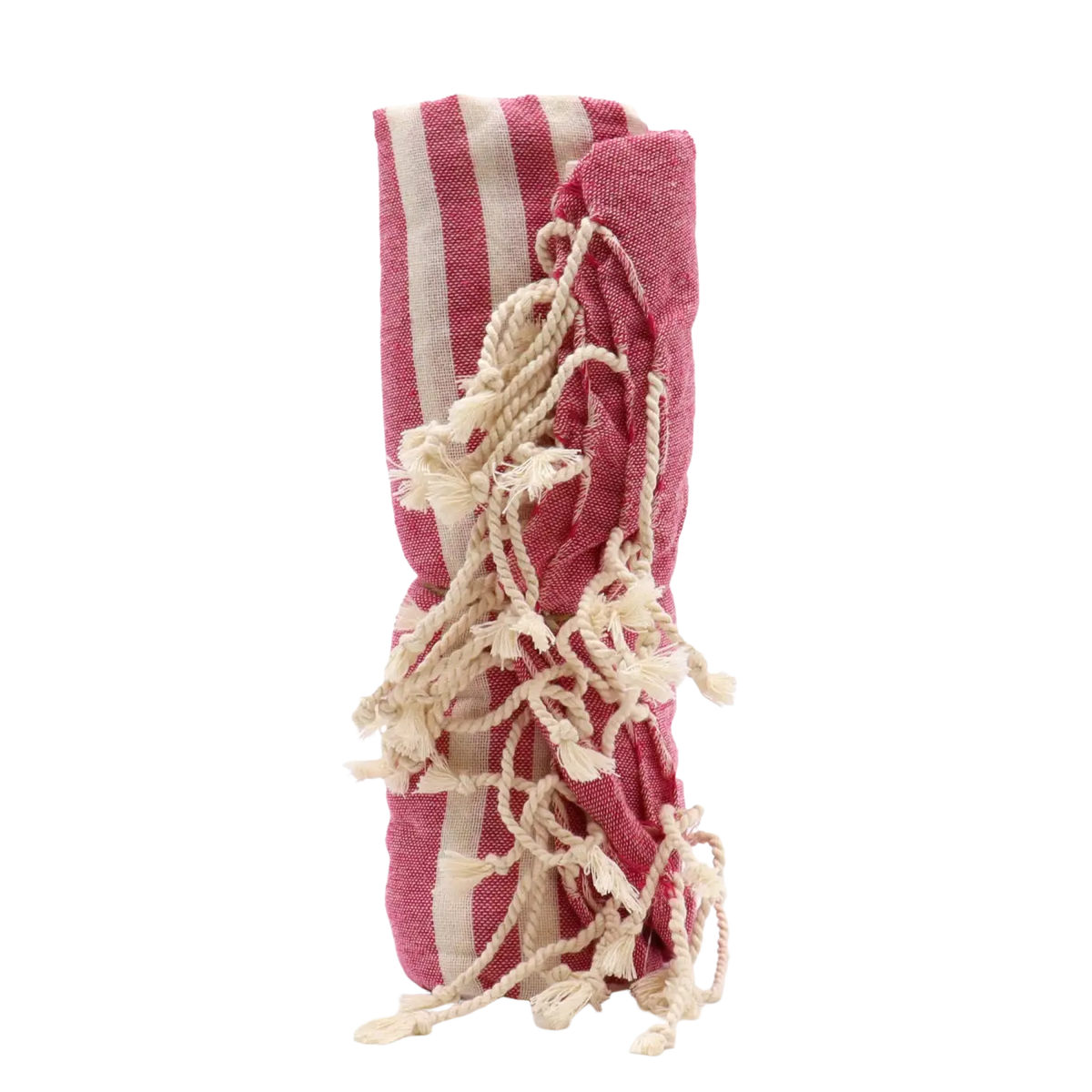Weicher rosa Baumwoll-Sarong vom Typ Lunghi, 100x180 cm, gerollt, von AW Artisan, ideal für Strand und Pool.