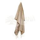 Beige und weiße gestreifte baumwoll-sarong mit fransen in warmer sandfarbe bei mana shop image to zoom