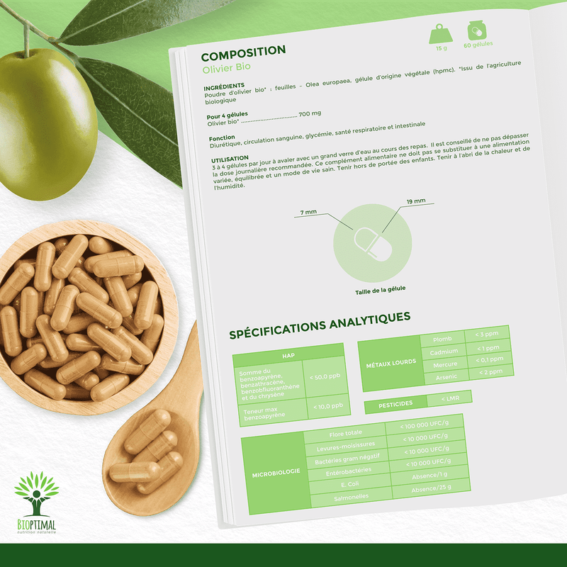 Feuille d'olivier bio – Complément alimentaire en gélules pour un effet diurétique et une bonne santé cardiovasculaire