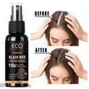Eine Flasche Eco Finest Organic Black Rice Water Spray (100ml) neben Vorher-Nachher-Bildern, die eine sichtbare Verbesserung des Haarvolumens und der Haardichte am Scheitel einer Frau nach der Anwendung des Produkts zeigen.