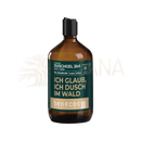 Dunkle bernsteinfarbene glasflasche mit schwarzem klappverschluss und grünem etikett benecos duschgel 2in1 bio-zirbelkiefer bdih organic 500ml