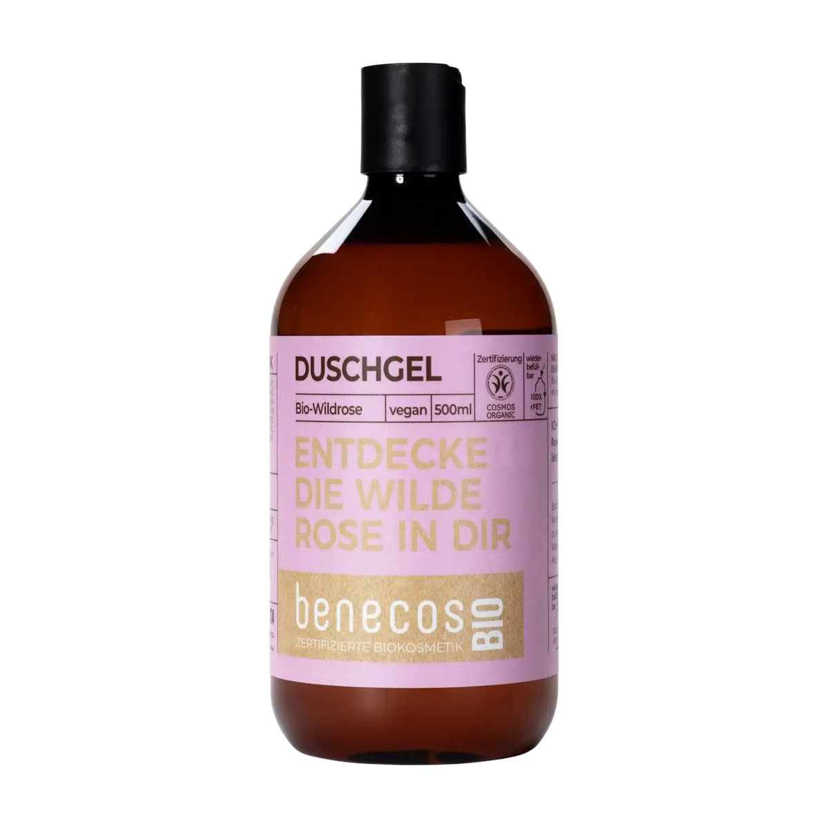 benecos Duschgel BIO-Wildrose, natürliches Körperpflege-Duschgel mit Wildrosen-Duft in einer schwarzen Flasche
