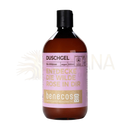 Eine matte schwarze korken verschließt eine bernsteinfarbene glasflasche benecos duschgel bio-wildrose mit rosa etikett goldener schrift mana shop