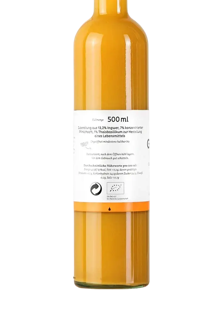 Ben's Ginger Bio Ingwer Pfirsich Basilikum Sirup in 500ml Flasche, erfrischender Immun-Drink mit Ingwer, Pfirsich und Basilikum