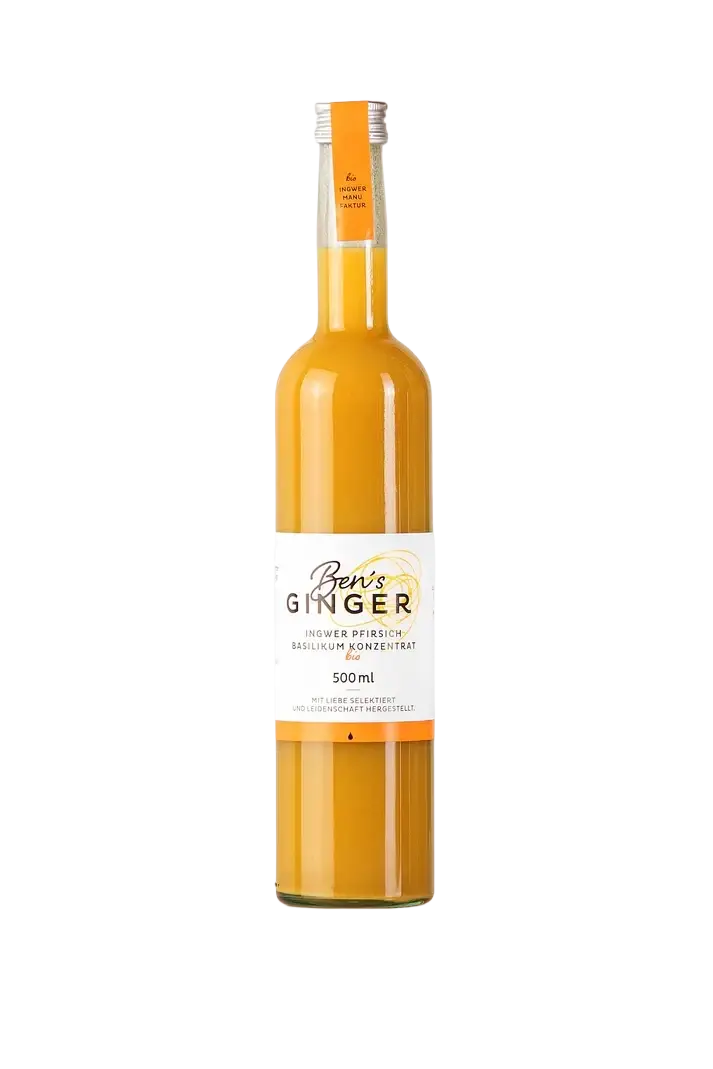 Ben’s Ginger Bio Ingwer Pfirsich Basilikum Sirup in 500ml Flasche, erfrischender Immun-Drink mit Ingwer, Pfirsich und Basilikum