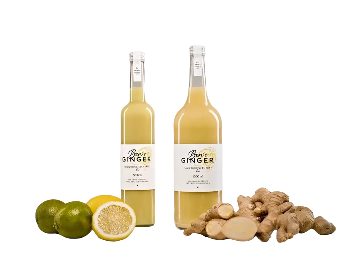 Ben’s Ginger Bio Shot mit Ingwer, Zitrone und Limette in Flasche, für Verdauung und Vitalität, natürlicher Sirup und Saft.